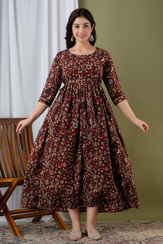 Women’s Brown Floral Printed Flared Gown