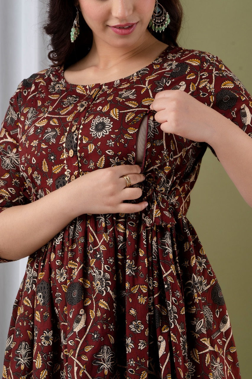 Women’s Brown Floral Printed Flared Gown