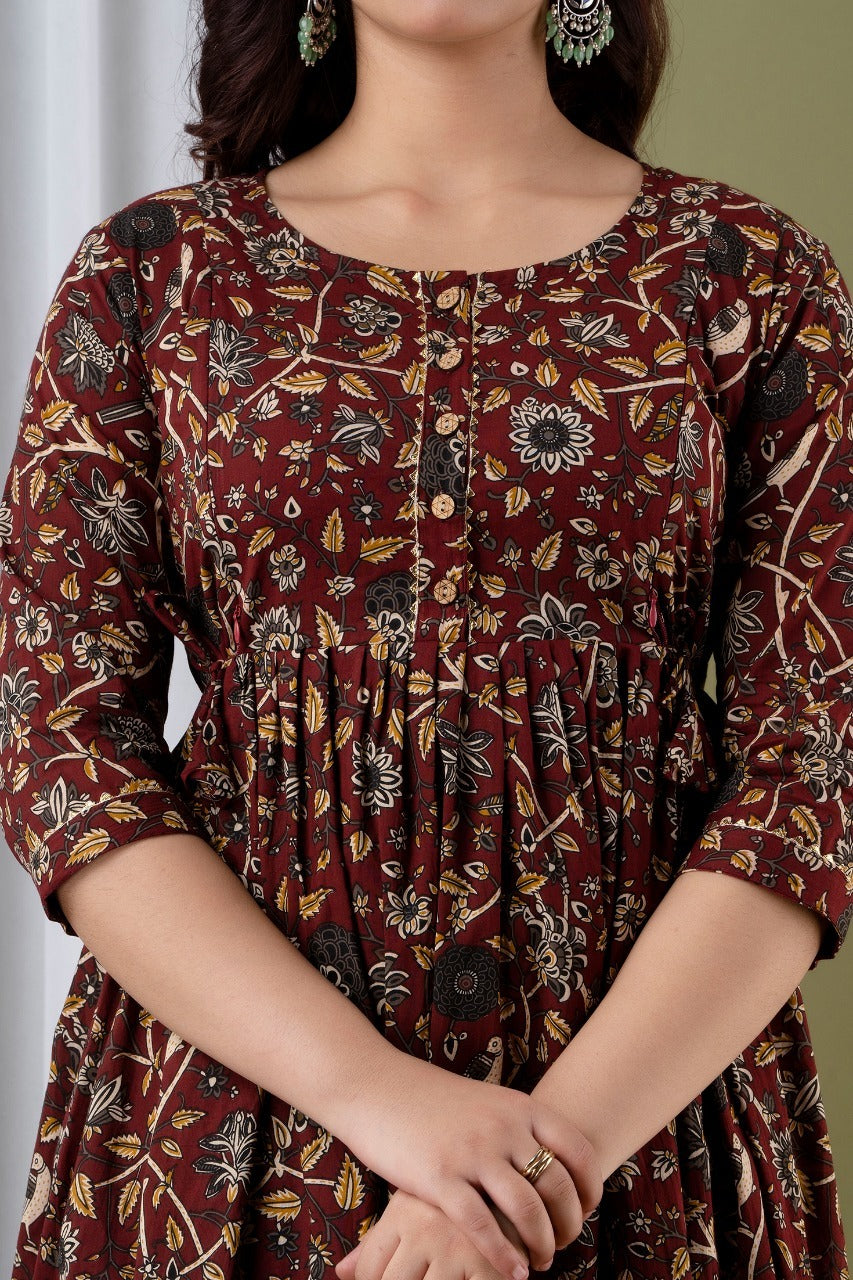 Women’s Brown Floral Printed Flared Gown