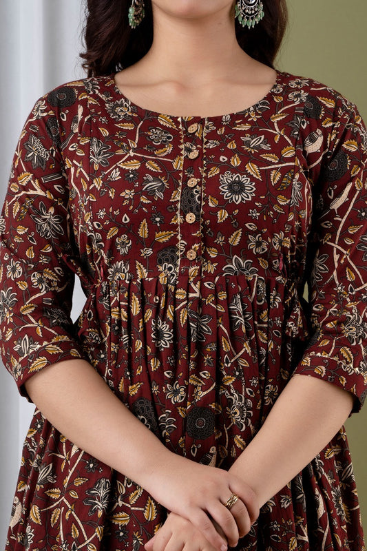 Women’s Brown Floral Printed Flared Gown