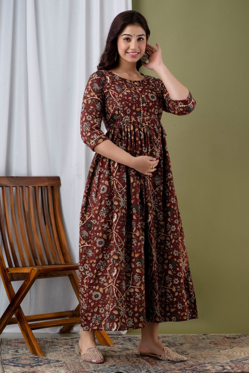 Women’s Brown Floral Printed Flared Gown