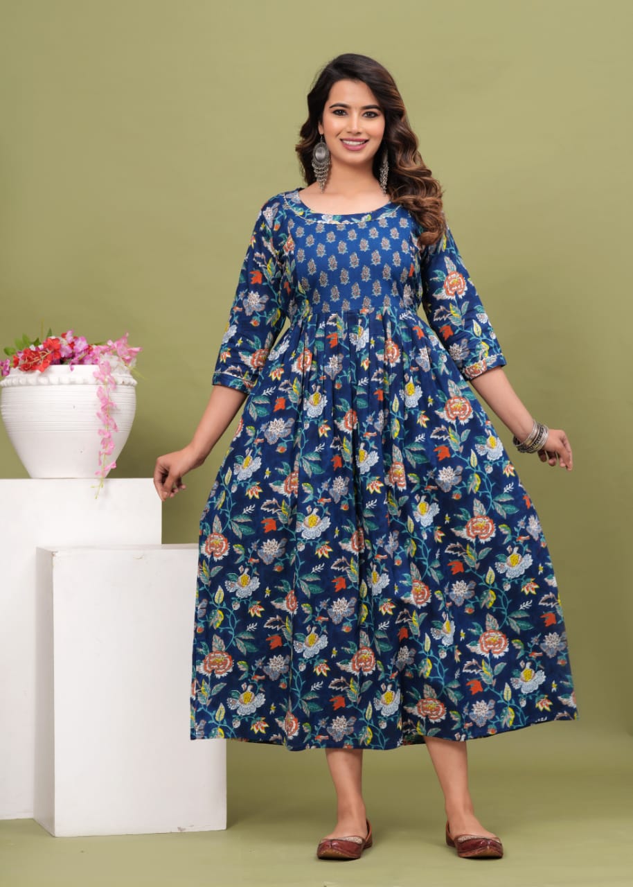Women’s Blue Floral Printed Flared Dress