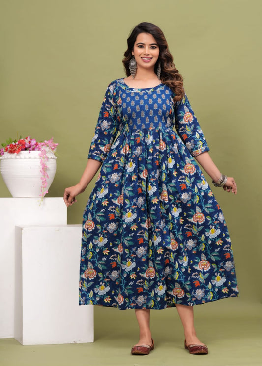 Women’s Blue Floral Printed Flared Dress