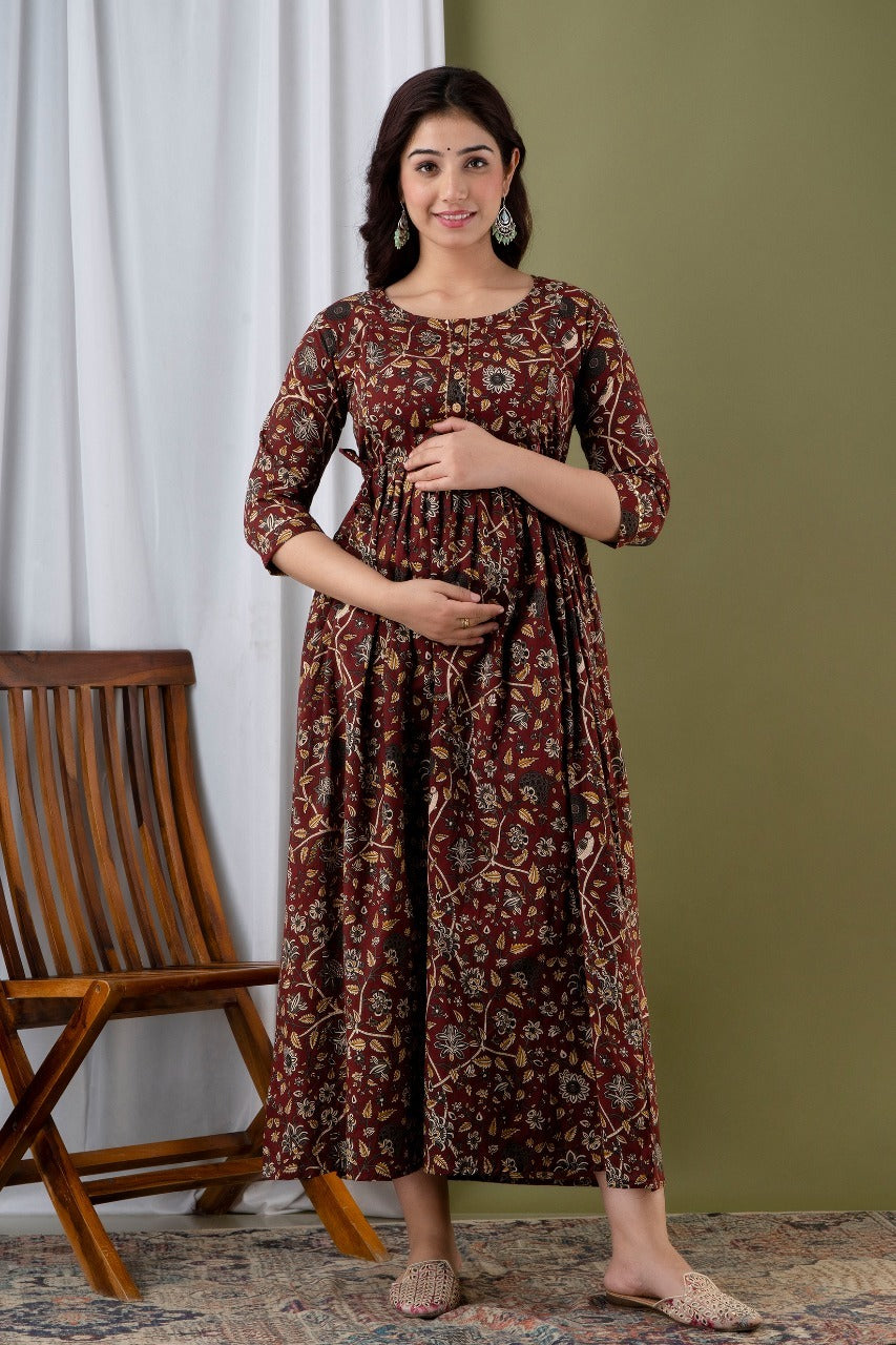 Women’s Brown Floral Printed Flared Gown