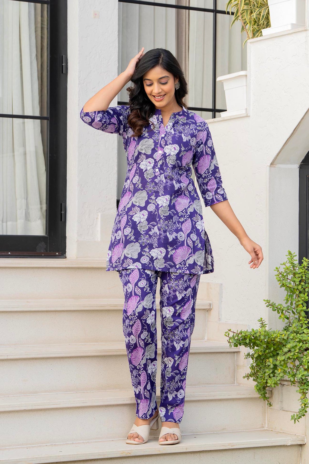Purple Floral Printed Women’s Co-ord Night Suit