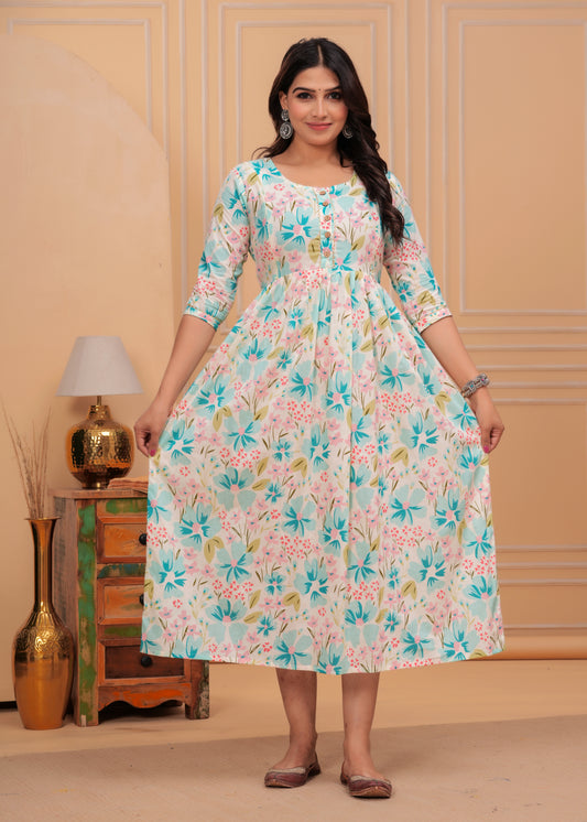 Women’s Aqua Floral Printed Flared Gown
