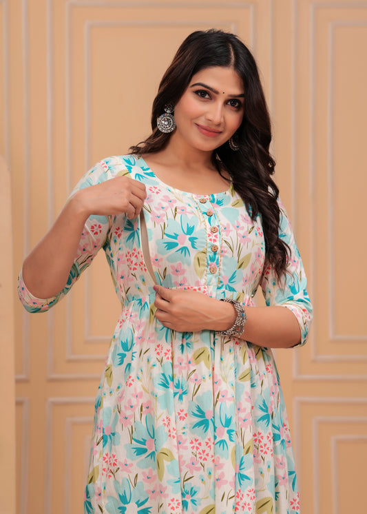 Women’s Aqua Floral Printed Flared Gown