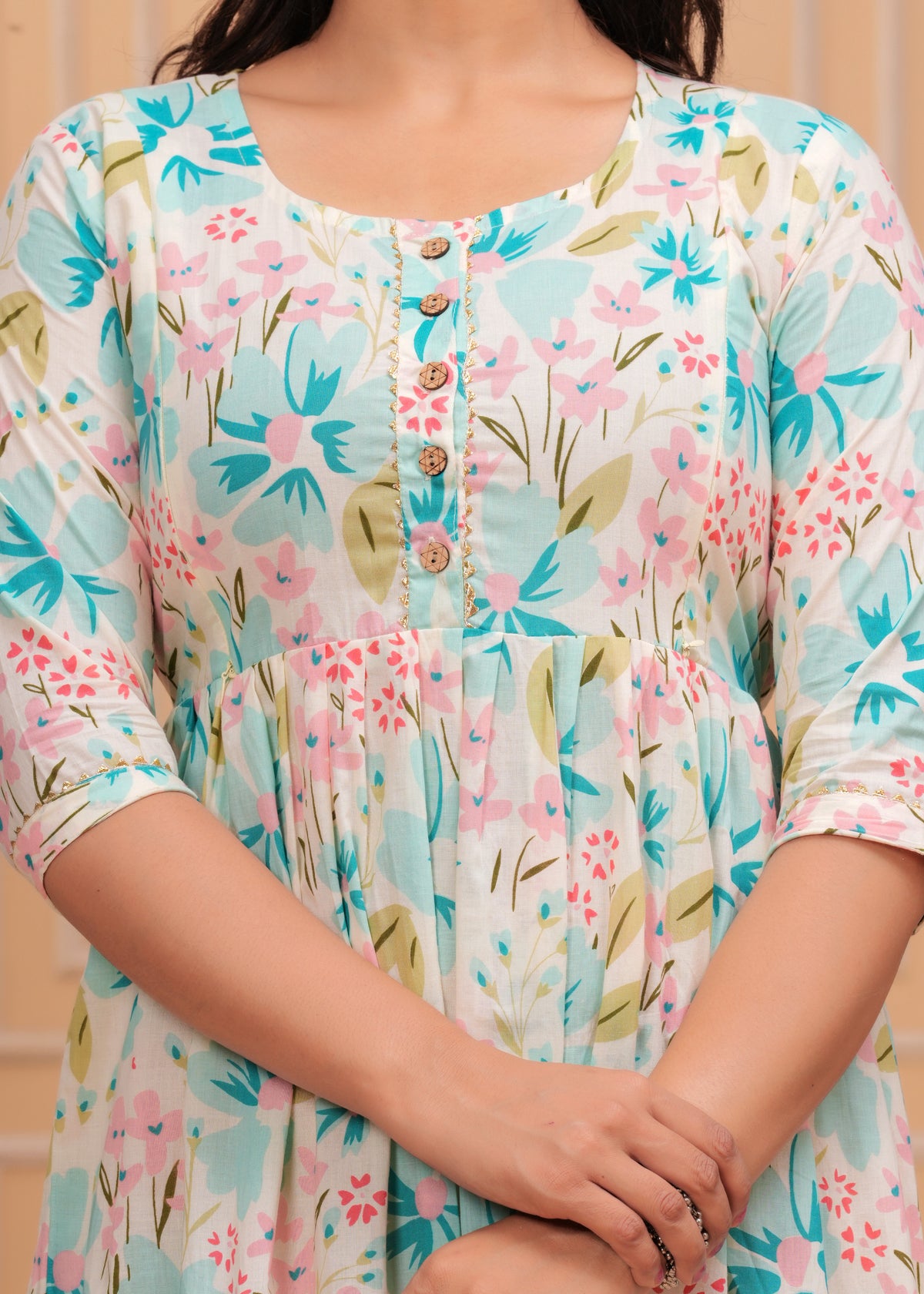 Women’s Aqua Floral Printed Flared Gown