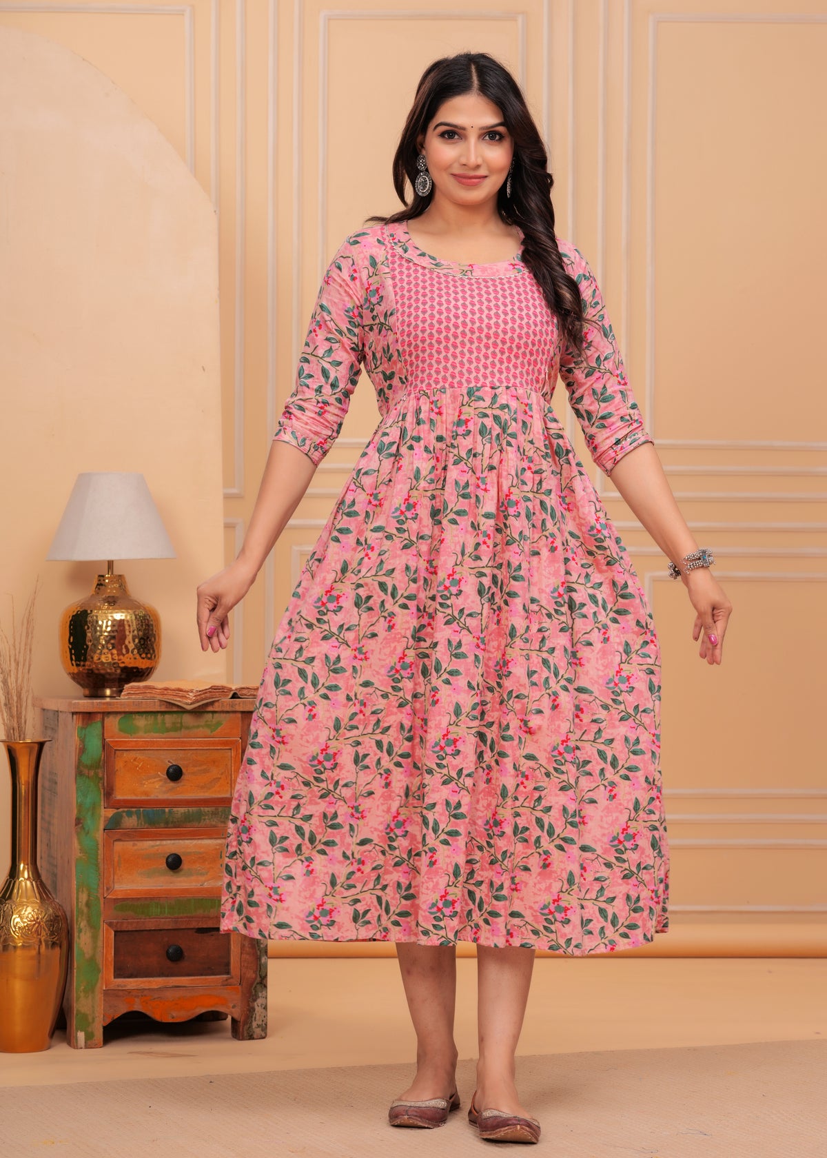 Women’s Pink Floral Printed Flared Gown