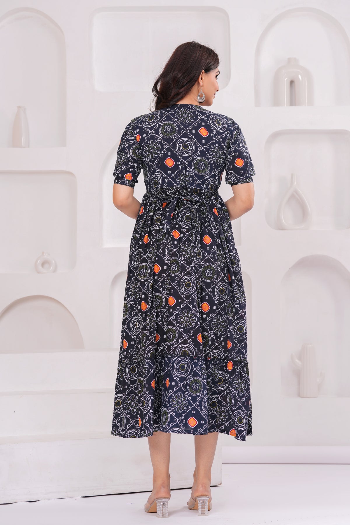 Black Printed Flared Dress Gown