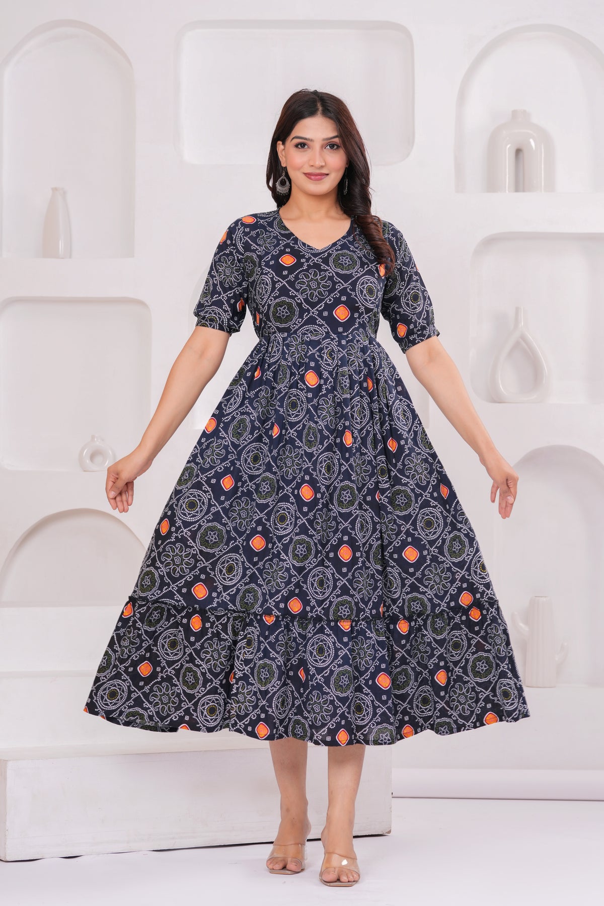 Black Printed Flared Dress Gown