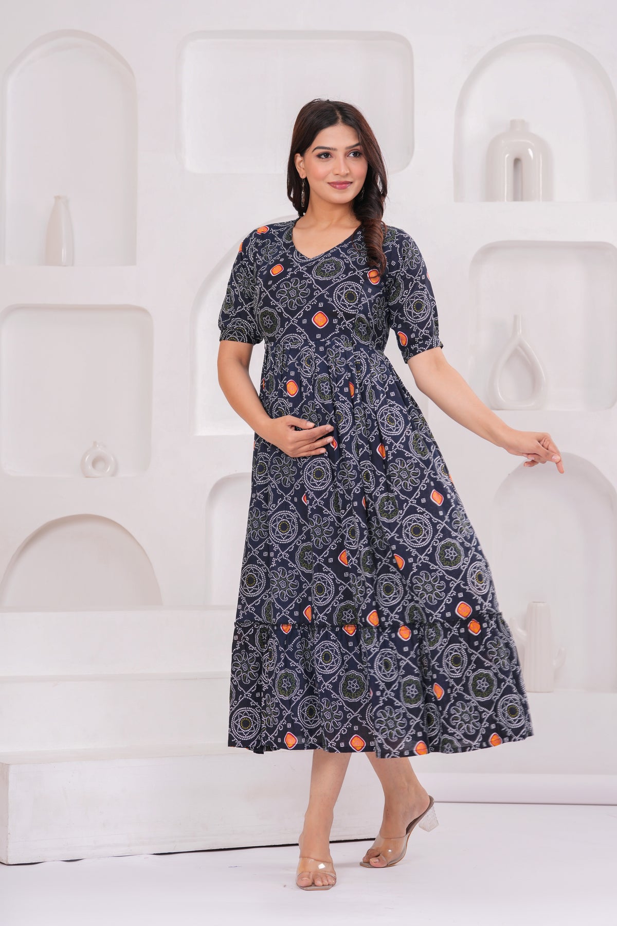 Black Printed Flared Dress Gown
