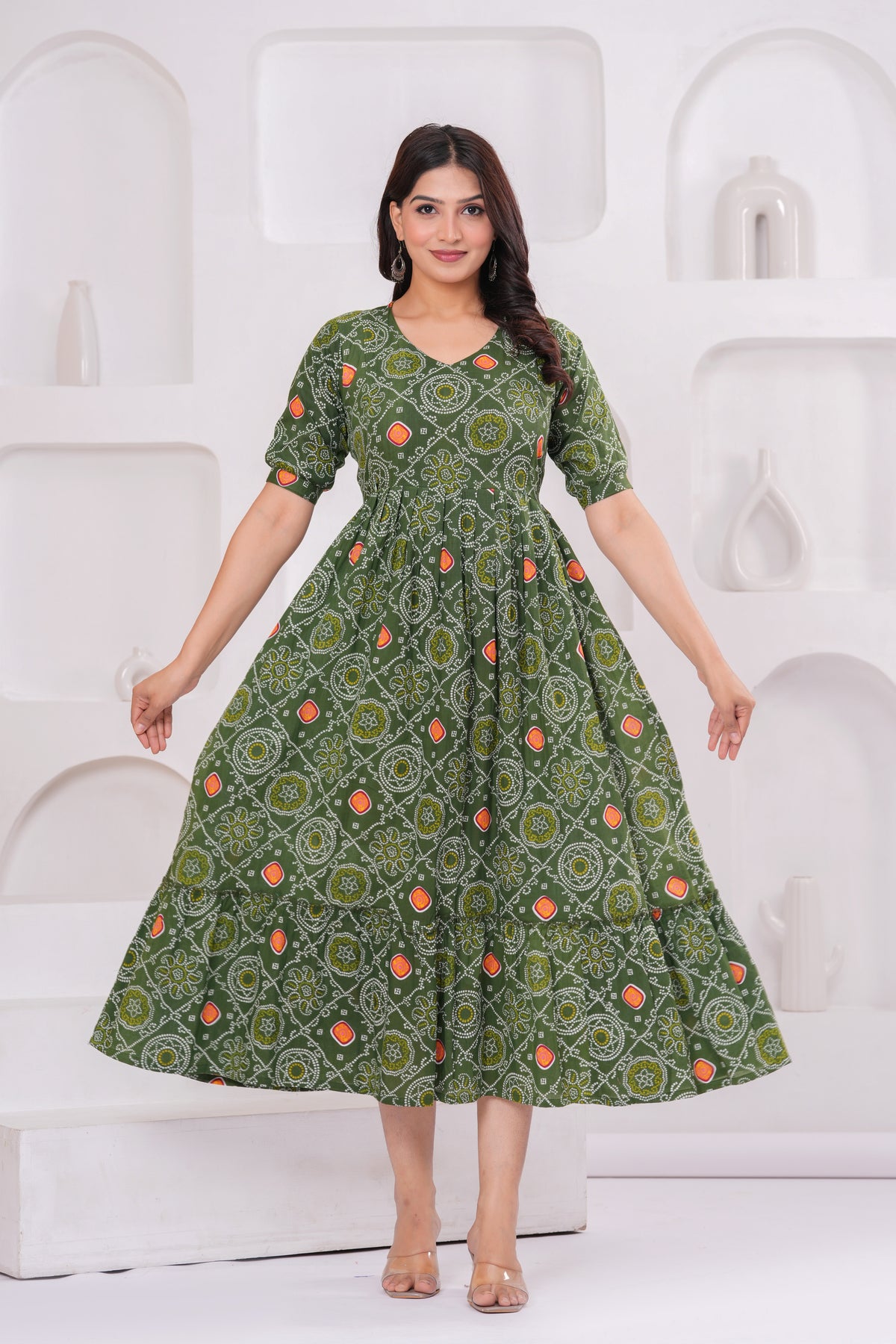 Women’s Green Floral Printed Flared Gown