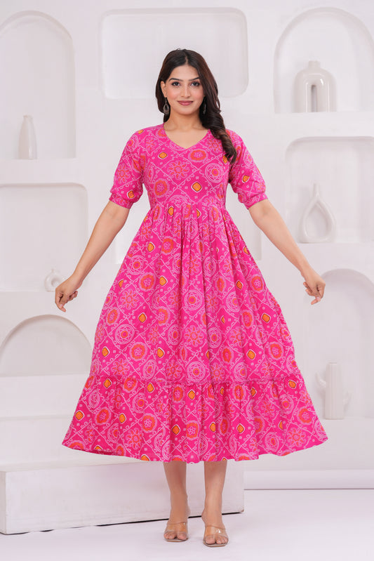 Women’s Pink Floral Printed Flared Dress