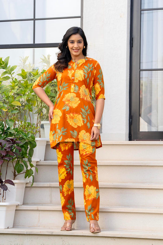 Orange Floral Printed Women’s Co-ord Night Suit