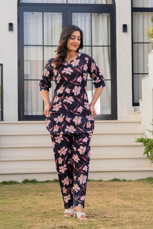Black & Pink Floral Printed Women’s Co-ord Night Suit