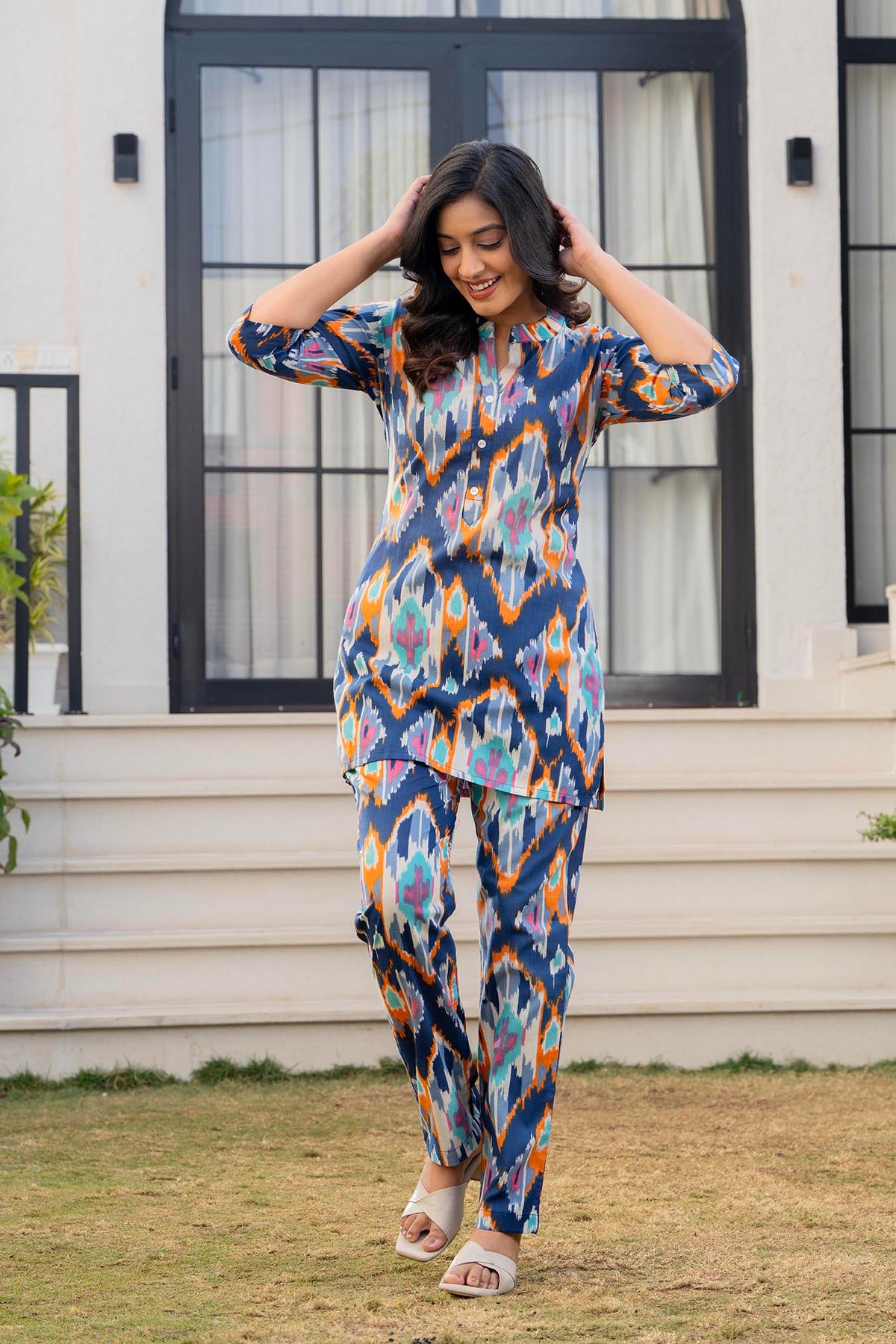 Blue Geometric Printed Women’s Co-ord Night Suit