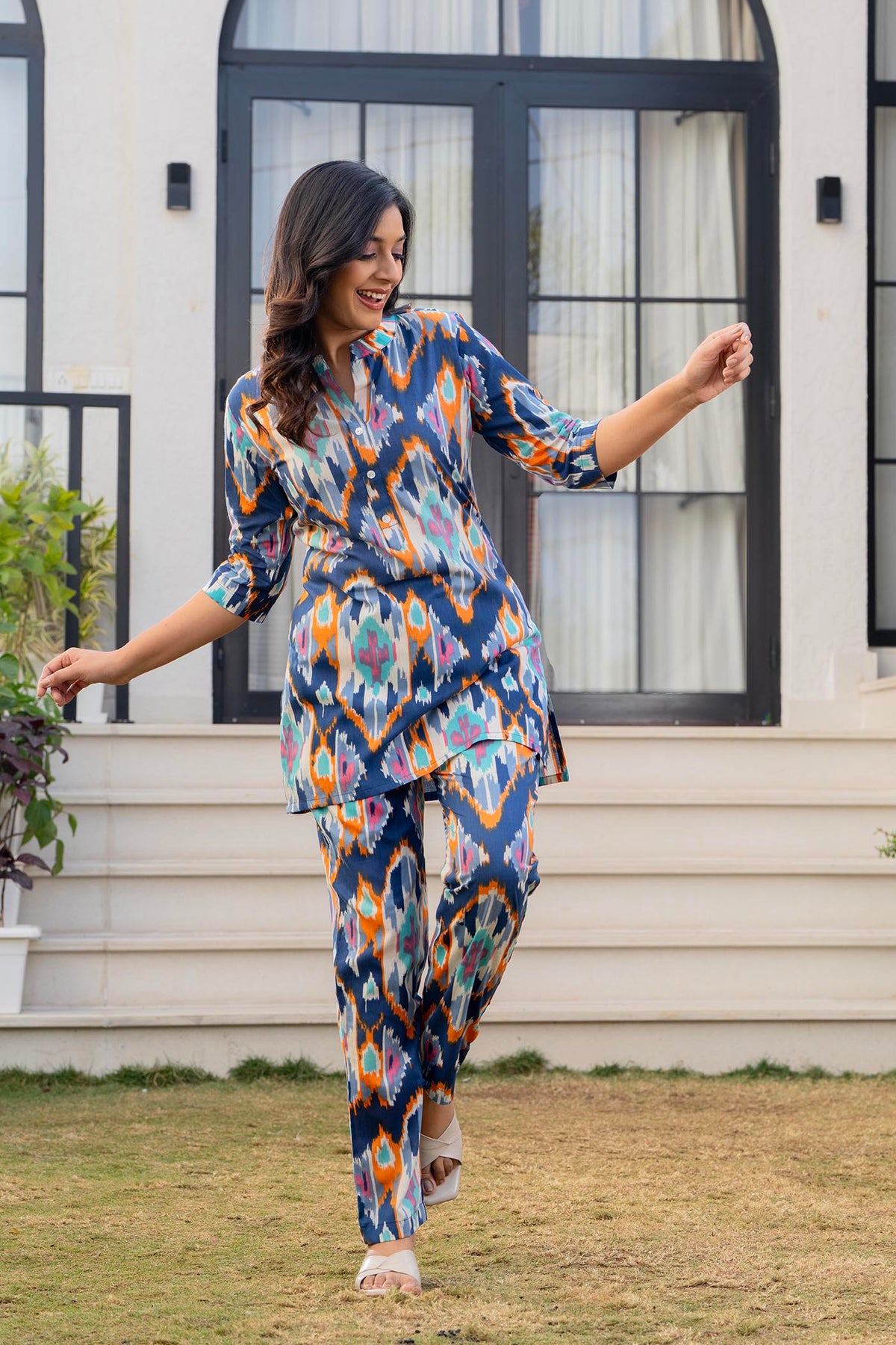 Blue Geometric Printed Women’s Co-ord Night Suit