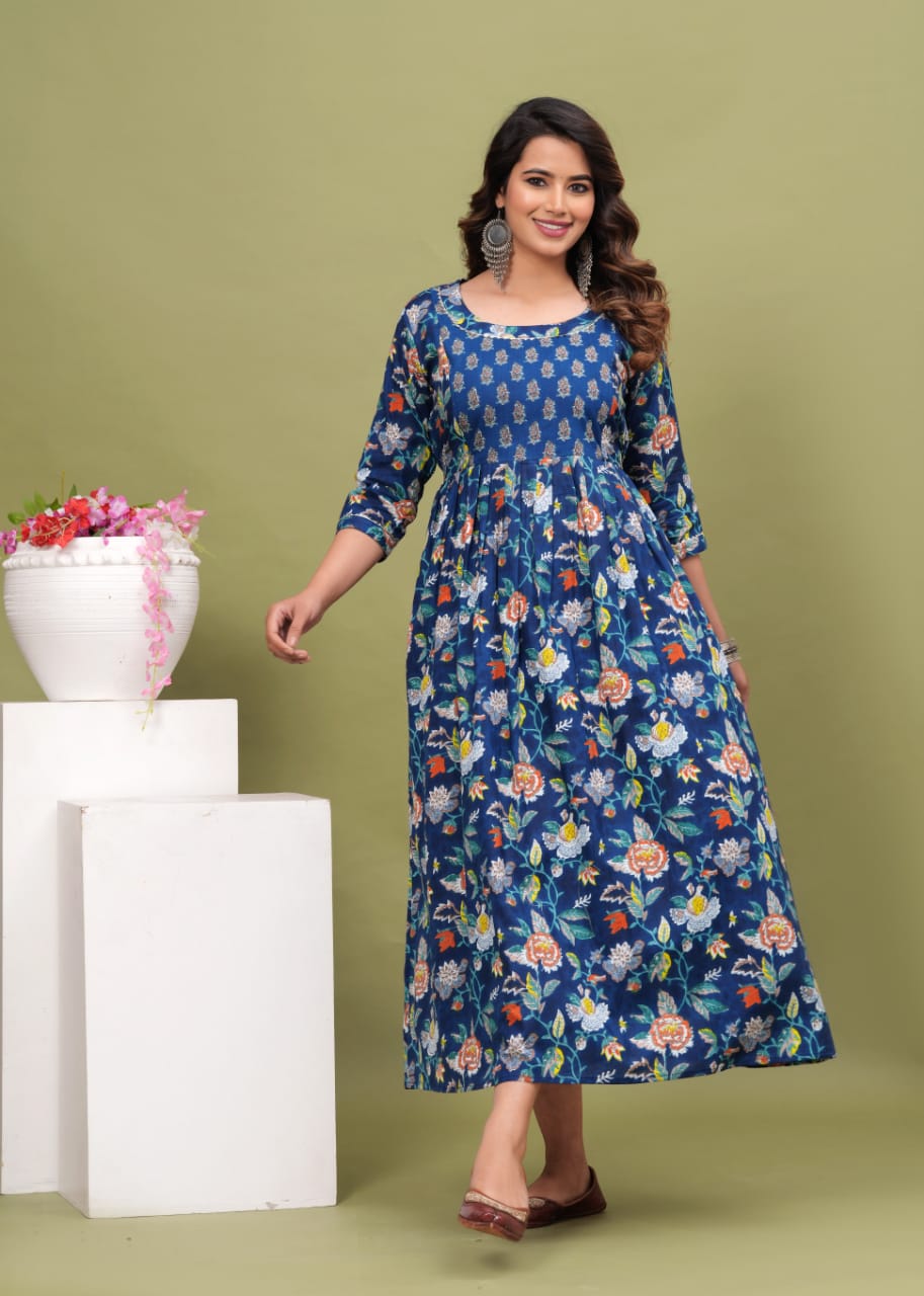 Women’s Blue Floral Printed Flared Dress