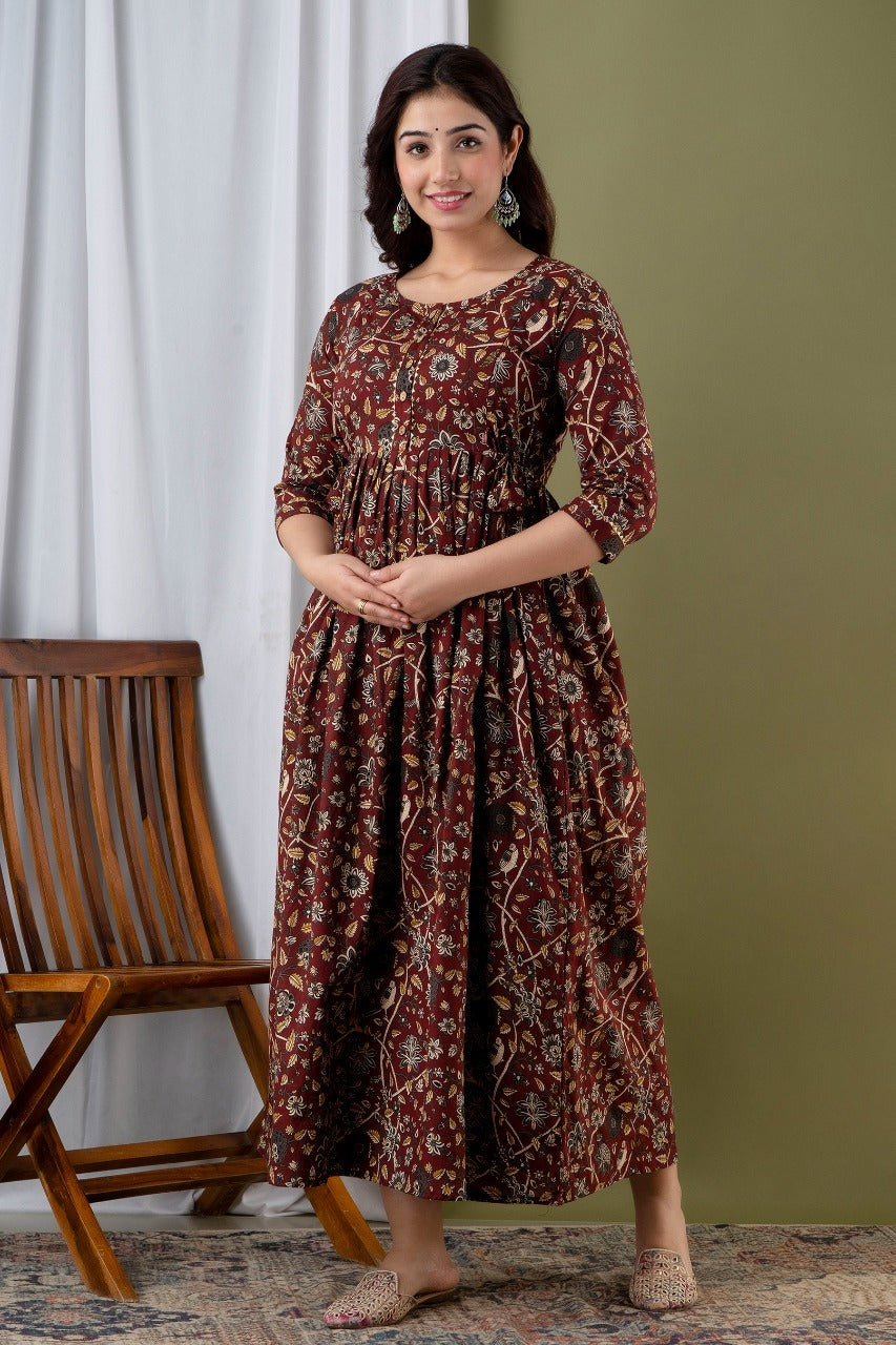 Women’s Brown Floral Printed Flared Gown