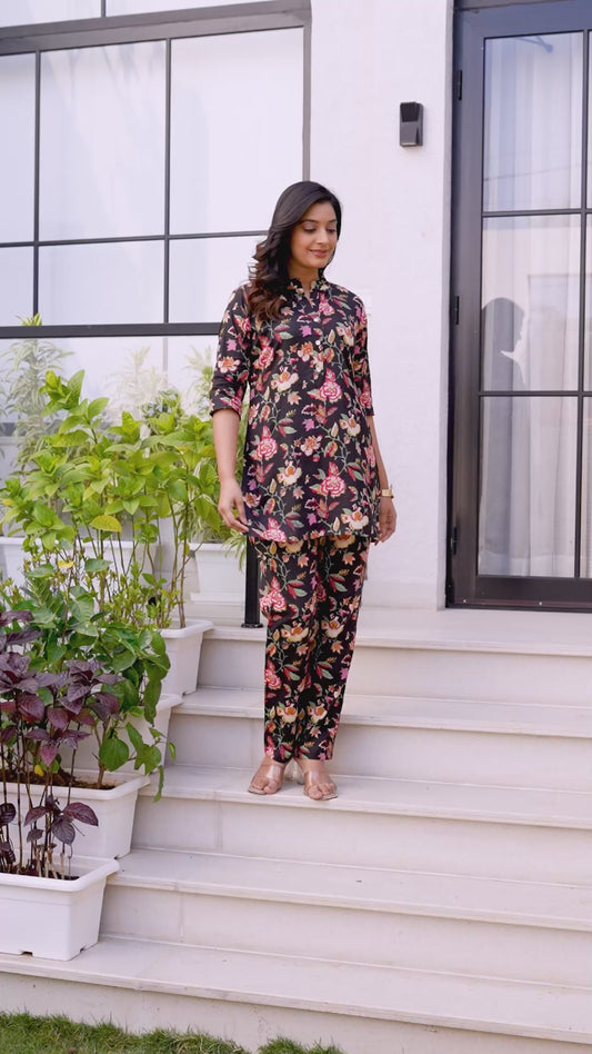 Black Floral Printed Women’s Co-ord Night Suit