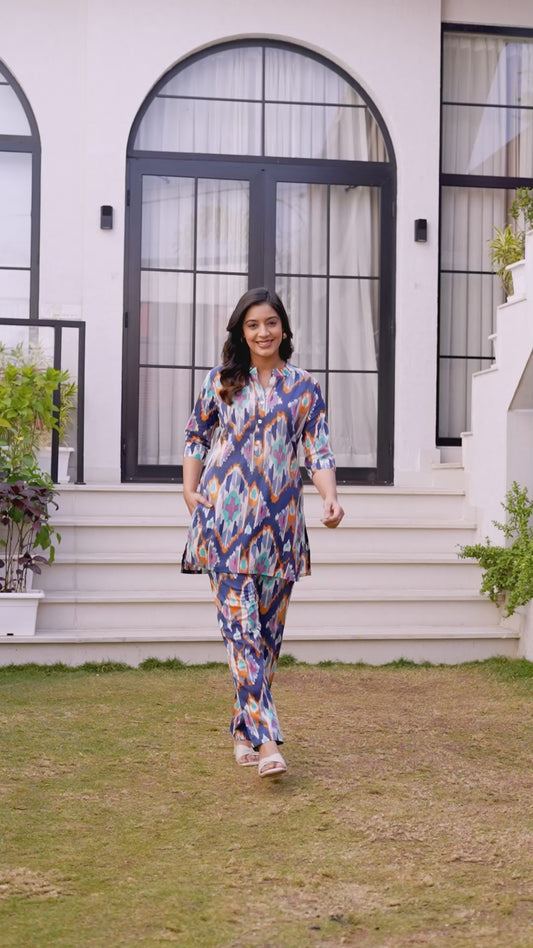 Blue Geometric Printed Women’s Co-ord Night Suit
