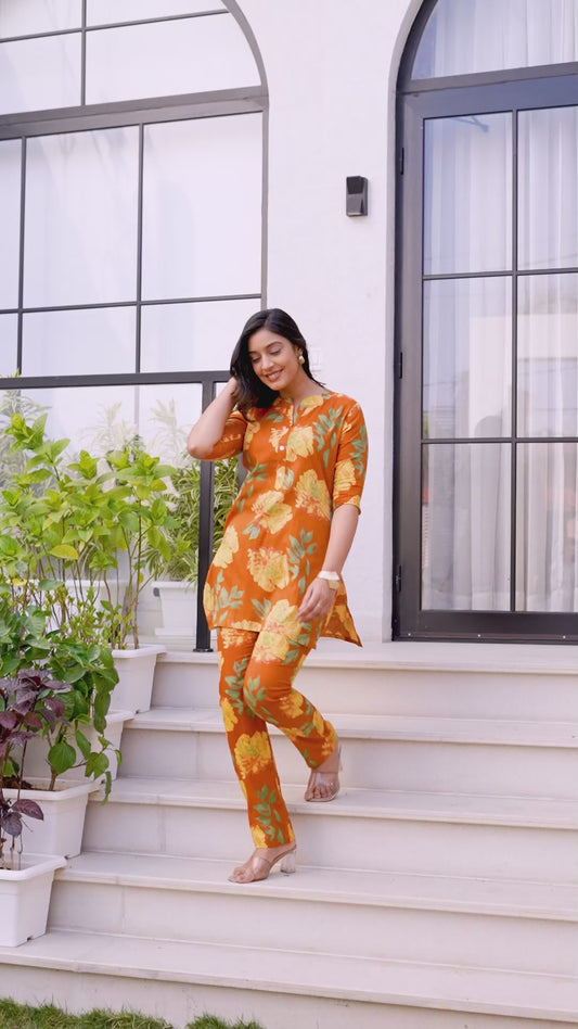 Orange Floral Printed Women’s Co-ord Night Suit