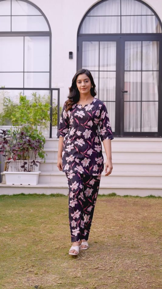 Black & Pink Floral Printed Women’s Co-ord Night Suit
